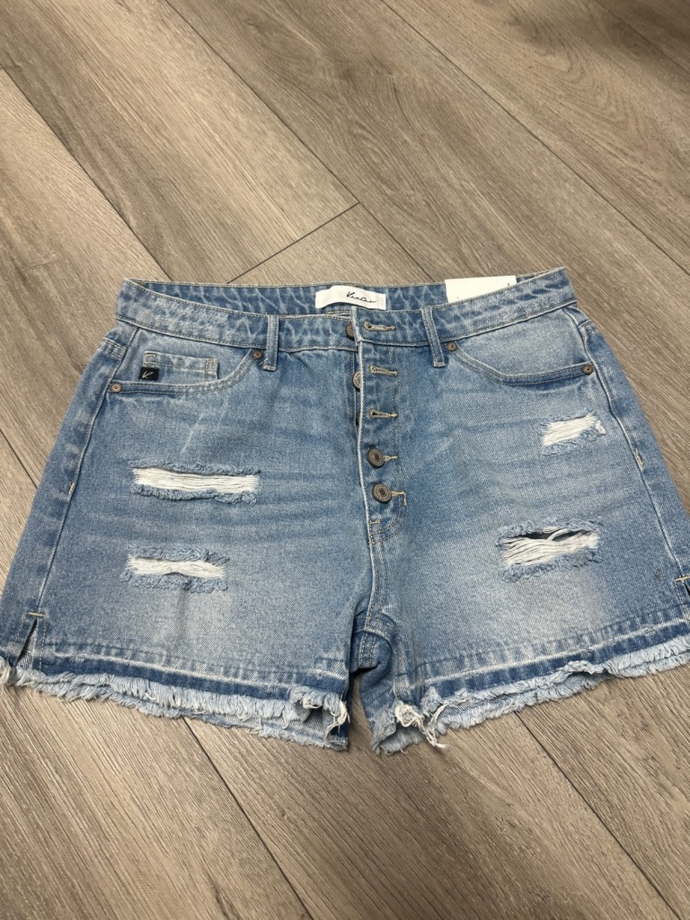 KanCan Faded Light Blue Distressed Button-Fly Denim Shorts